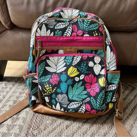 Fossil Backpack Coated Canvas Bag Floral Pink Teal Cactus. In good condition. - Picture 1 of 9